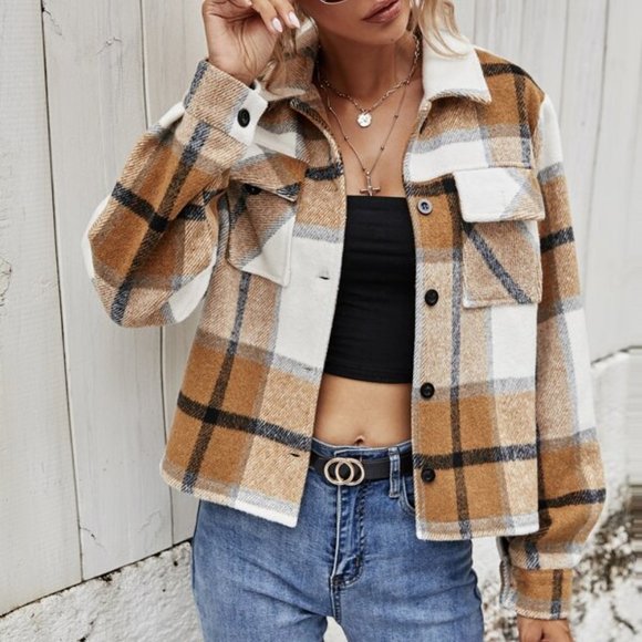 Plaid Print Crop Jacket Button Down - Picture 2 of 5